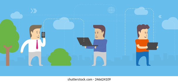 Users with devices using the Internet in the city. Wireless networks, internet communications concept