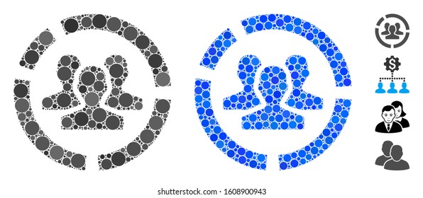 Users diagram composition of spheric dots in variable sizes and color hues, based on users diagram icon. Vector dots are organized into blue composition.