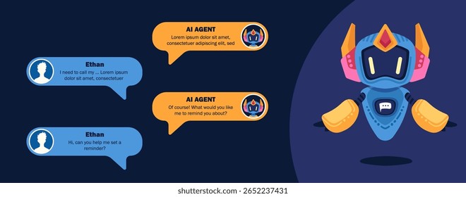 Diálogo de usuários com o ai chatbot ou o ai agent. Personagens conversando com robôs, fazendo perguntas e recebendo respostas. Suporte e ajuda do assistente de IA. Ilustração de vetor de desenho animado plano. 
