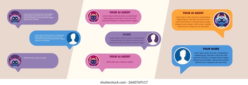 Users dialog with ai chatbot or ai agent. Characters chatting with robot, asking questions and receiving answers. AI assistant support and help. Flat cartoon vector illustration.
