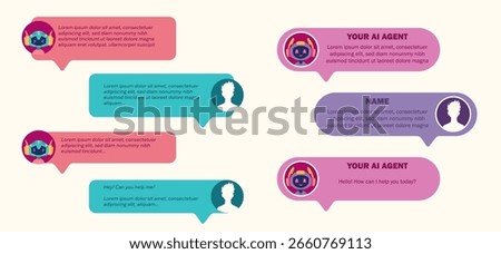Users dialog with ai chatbot or ai agent. Characters chatting with robot, asking questions and receiving answers. AI assistant support and help. Flat cartoon vector illustration.