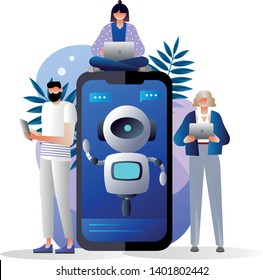 Users with digital gadgets chatting with chatbot. Social media bots, messenger chat-bot, auto reply software concept. Isometric 3D illustration with characters.