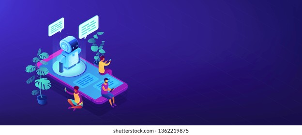 Users with digital gadgets sitting on smartphone screen and chatting with chatbot. Social media bots, messenger chatbot, auto reply software concept. Isometric 3D banner header template copy space.