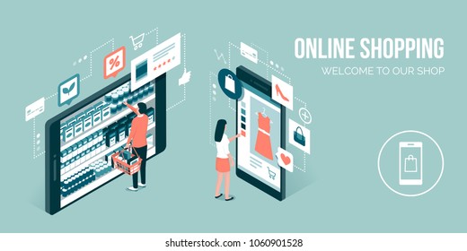 Users doing online shopping and buying grocery items using a mobile app: technology and retail concept