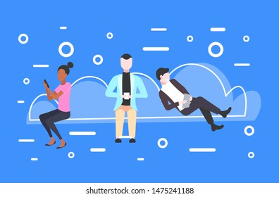 users downloading content from cloud server mix race people using smartphones online data synchronization database computing technology storage concept flat full length horizontal