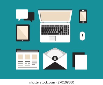 User's equipment for productive work: software, personal account and mobile devices - vector illustration