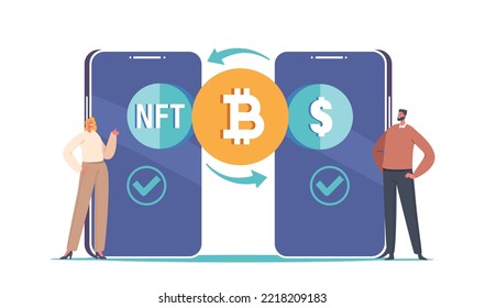 Users Exchanging Assets And Cryptocurrency via Smart Contract Execution On Blockchain. Business Characters at Huge Smartphones, Finance And Technology Concept. Cartoon People Vector Illustration