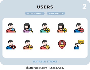 Users Filled Icons Pack for UI. Editable Stroke. Pixel perfect thin line vector icon set for web design and website application.
