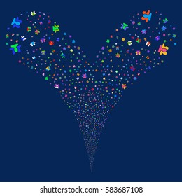 Users fireworks stream. Vector illustration style is flat bright multicolored iconic symbols on a blue background. Object double fountain combined from random symbols.