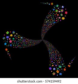 Users fireworks swirl rotation. Vector illustration style is flat bright multicolored iconic symbols on a black background. Object whirlpool combined from random pictograms.