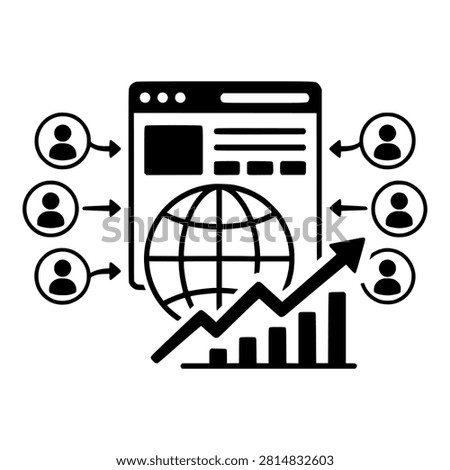 Users flowing to a website with globe and rising traffic chart, black glyph icon for web traffic and visitor growth