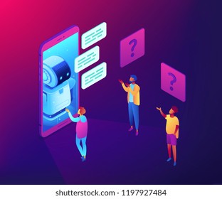 Users in front of huge mobile phone asking chatbot for help. Chatbot technology and online help center, mobile helper, voice assistant concept. Ultraviolet neon vector isometric 3D illustration.