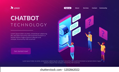 Users in front of huge mobile phone asking chatbot for help. Chatbot technology and online help center, mobile helper, voice assistant concept. Isometric 3D website app landing web page template Users in front of huge mobile phone asking chatbot for help. Chatbot technology and online help center, mobile helper, voice assistant concept. Isometric 3D website app landing web page template