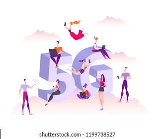 Users with gadgets stand, sit and fly on the background of a large 5g symbol. The concept of distribution and use of high speed wireless connection 5G, vector illustration isolated on white background