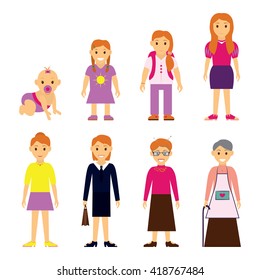 Users generation at different ages. Woman, aging - baby, child, teenager, young, adult, elderly, isolated on white background - vector illustration.