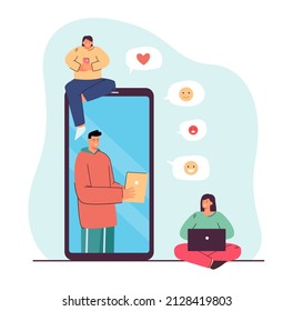 Users giving reactions and feedback to popular content. Tiny people using laptop and phones flat vector illustration. Social media, influence concept for banner, website design or landing web page