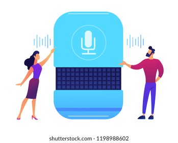 Users giving voice commands to smart speaker vector illustration. IoT technology and voice controlled digital devices, speach recognition and smart home concept. Isolated on white background.