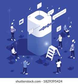 Usuarios que dan órdenes de voz al dispositivo asistente inteligente composición isométrica con la ilustración del vector de fondo azul de las nubes de voz 