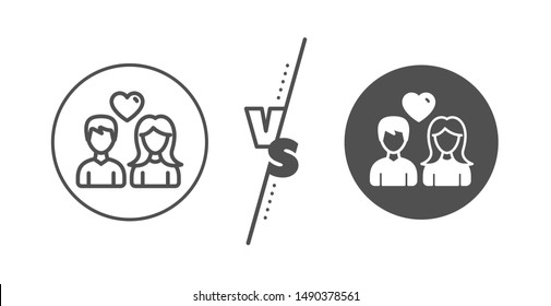 Users Group sign. Versus concept. Couple with Heart line icon. Male and Female Person silhouette symbol. Line vs classic couple love icon. Vector