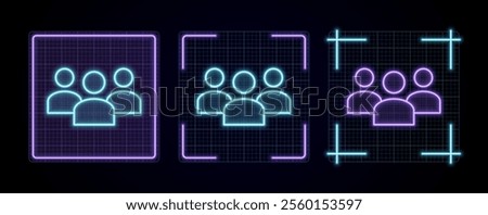 Users group team icon illustration, cyber neon visual, glowing border grid vector.