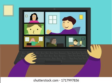 A user's hand operates a laptop to join a video conferencing of people working or learning from home. Quarantine or People in Isolation during a lockdown concept. Editable Clip Art.