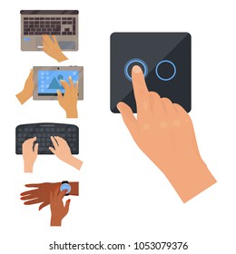 Users hands on keyboard computer touch gestures technology internet work swipe typing tool vector illustration.