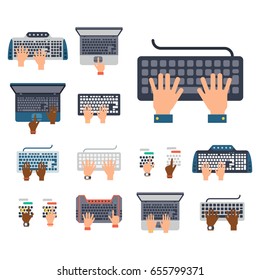 Users hands on keyboard and mouse of computer technology internet work typing tool vector illustration