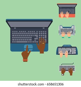 Users hands on keyboard and mouse of computer technology internet work typing tool vector illustration