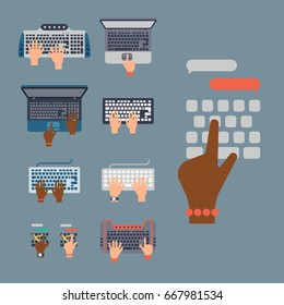 Users hands on keyboard and mouse of computer technology internet work typing tool vector illustration