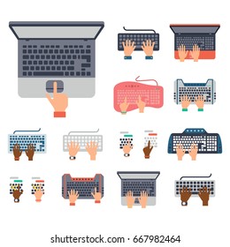 Users hands on keyboard and mouse of computer technology internet work typing tool vector illustration