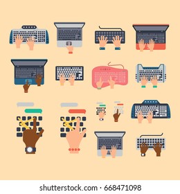 Users hands on keyboard and mouse of computer technology internet work typing tool vector illustration