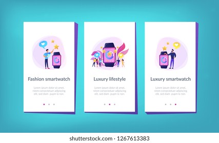 Users with hearts like huge smartwatch with rating stars. Luxury smartwatch, fashion watch and luxury lifestyle concept on white background. Mobile UI UX GUI template, app interface wireframe