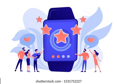 Users with hearts like huge smartwatch with rating stars. Luxury smartwatch, fashion watch and luxury lifestyle concept on white background. Pinkish coral bluevector isolated illustration