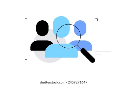 Users. Human person's figures and loupe. Social research concept. Simple flat illustration. Vector file.