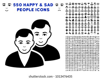 Users icon with 550 bonus pitiful and happy person icons. Vector illustration style is flat black iconic symbols.