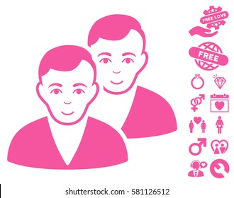 Users icon with bonus dating clip art. Vector illustration style is flat iconic pink symbols on white background.