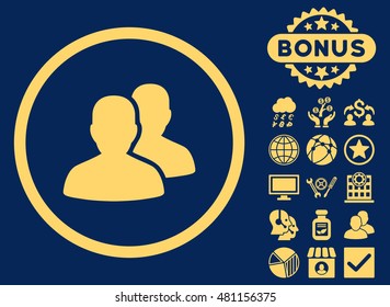 Users icon with bonus. Vector illustration style is flat iconic symbols, yellow color, blue background.