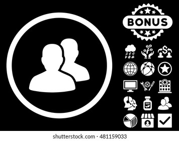 Users icon with bonus. Vector illustration style is flat iconic symbols, white color, black background.