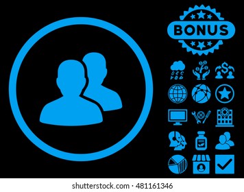 Users icon with bonus. Vector illustration style is flat iconic symbols, blue color, black background.