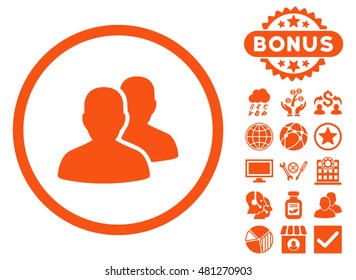 Users icon with bonus. Vector illustration style is flat iconic symbols, orange color, white background.
