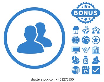 Users icon with bonus. Vector illustration style is flat iconic symbols, cobalt color, white background.