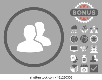 Users icon with bonus. Vector illustration style is flat iconic bicolor symbols, dark gray and white colors, silver background.