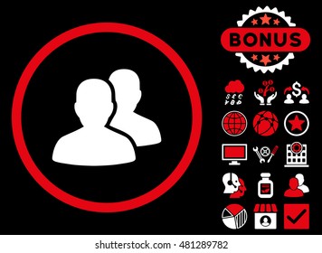 Users icon with bonus. Vector illustration style is flat iconic bicolor symbols, red and white colors, black background.