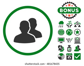 Users icon with bonus. Vector illustration style is flat iconic bicolor symbols, green and gray colors, white background.