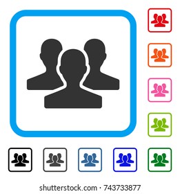 Users icon. Flat grey iconic symbol inside a blue rounded squared frame. Black, gray, green, blue, red, orange color variants of Users vector. Designed for web and software user interface.