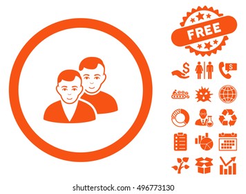 Users icon with free bonus design elements. Vector illustration style is flat iconic symbols, orange color, white background.