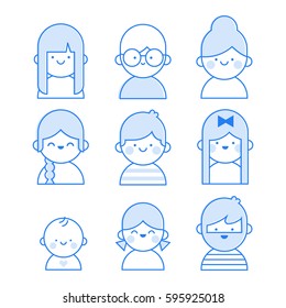 Users icon line illustration: man, woman, kids, baby