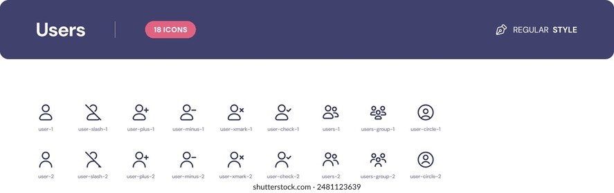 Users icon set. Essential UI Icons Set in Line Style. The set consists of essential and commonly-used icons that every UI designer needs.