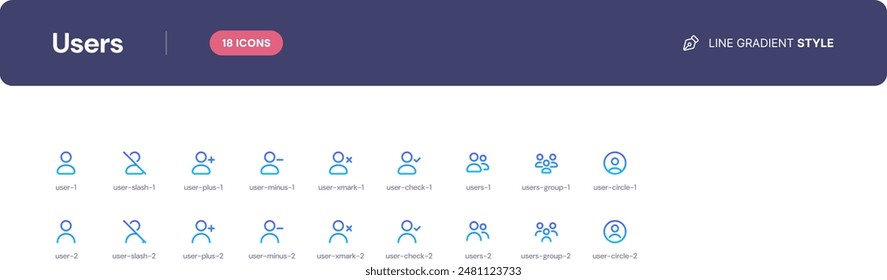 Users icon set. Essential UI Icons Set in Line Gradient Style. The set consists of essential and commonly-used icons that every UI designer needs.