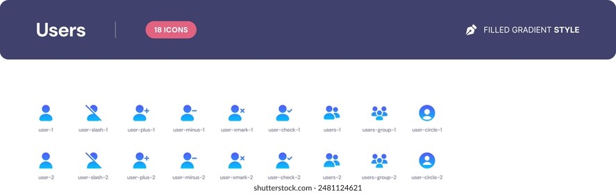 Users icon set. Essential UI Icons Set in Filled Gradient Style. The set consists of essential and commonly-used icons that every UI designer needs.